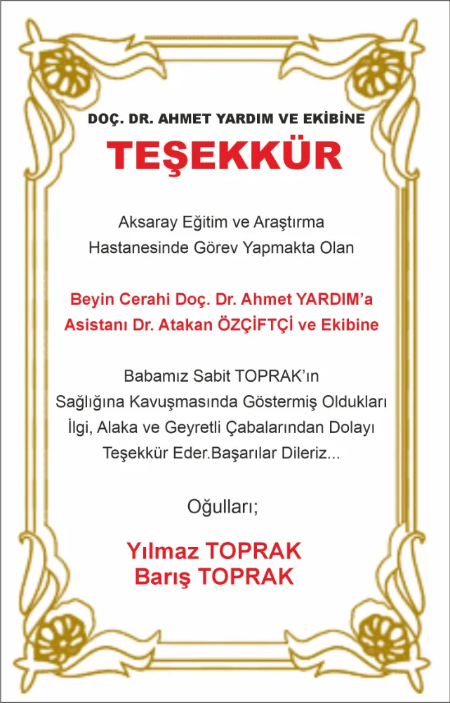 DOÇ. DR. AHMET YARDIM VE EKİBİNE TEŞEKKÜR